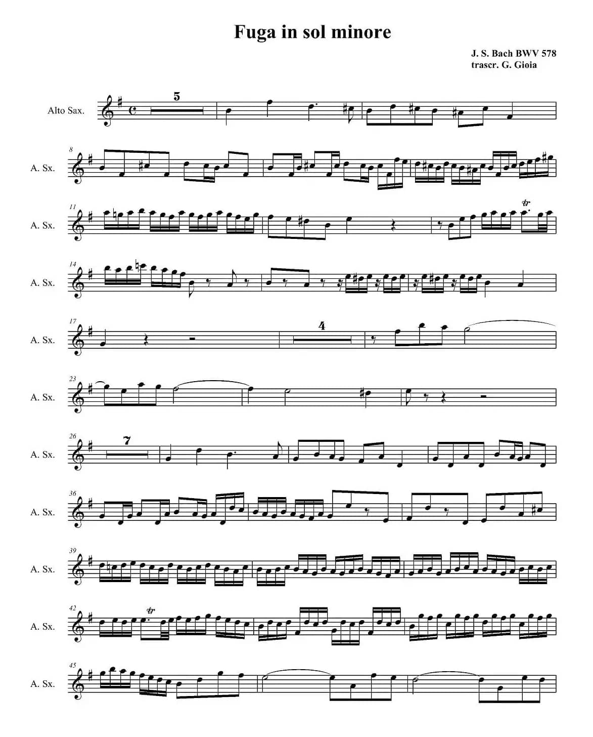 Fuga in sol minore （四重奏之中音萨克斯分谱）