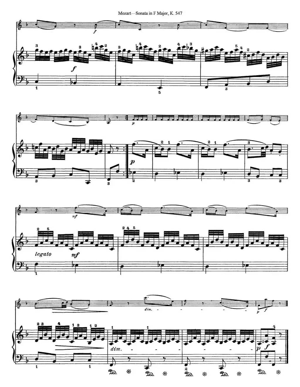 Violin Sonata in F Major K.547（小提琴+钢琴伴奏）