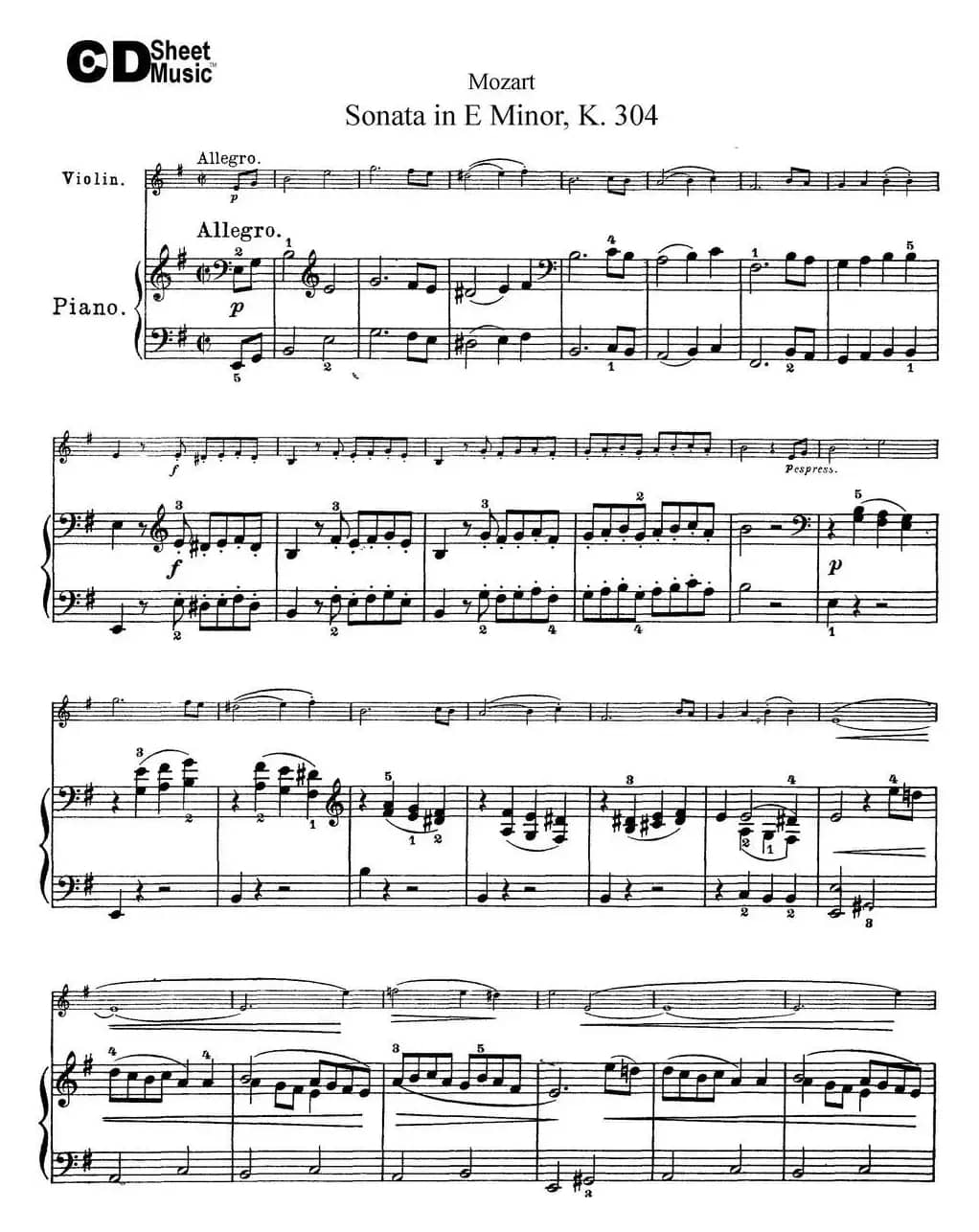 Violin Sonata in E Minor K.304（小提琴+钢琴伴奏）