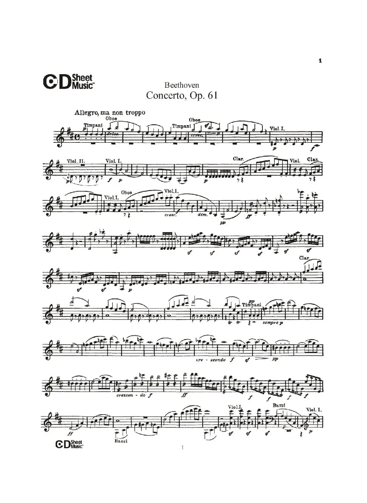 D大调小提琴协奏曲 Op.61（小提琴与钢琴版）