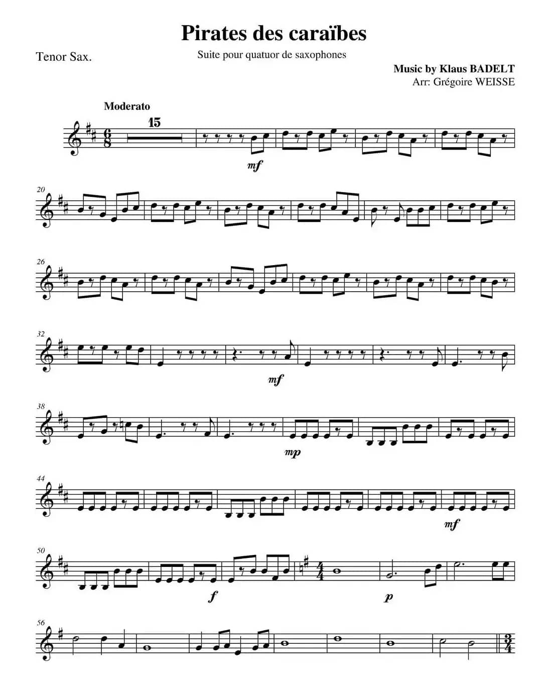 加勒比海盗（四重奏之次中音萨克斯分谱）