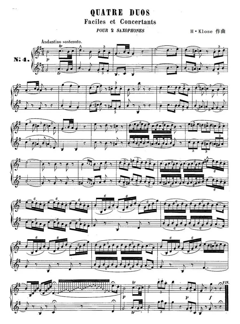 H·Klose练习曲（Quatre Duos Faciles et Concertants Pour 2 Saxophones—No.4）