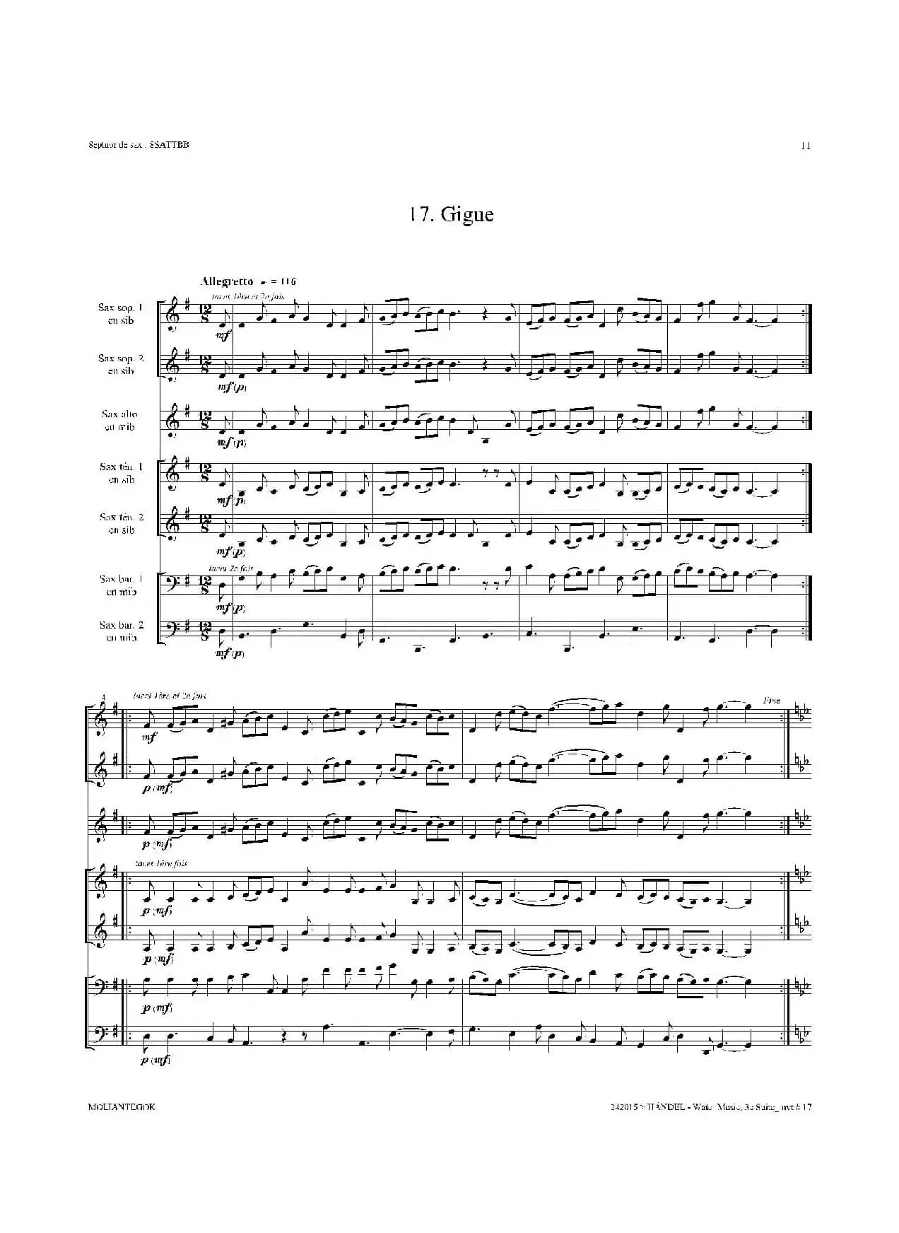 Water Music（HWV.350 No.3）（萨克斯合奏总谱）