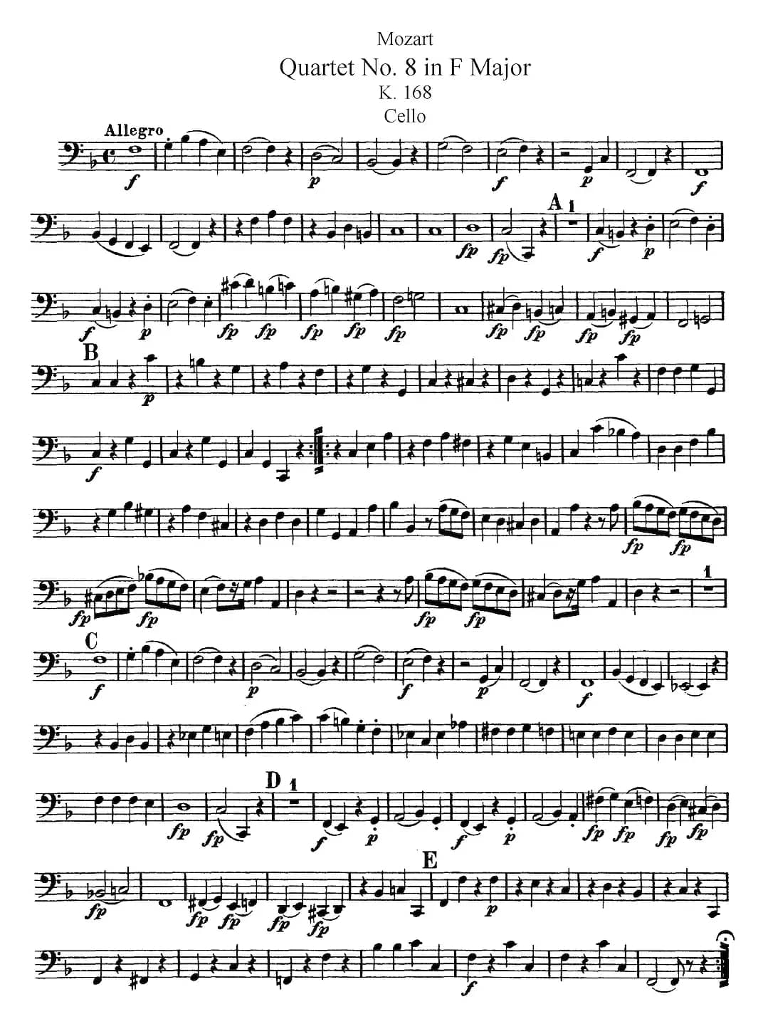 Mozart《Quartet No.8 in F Major,K.168》（Cello分谱）