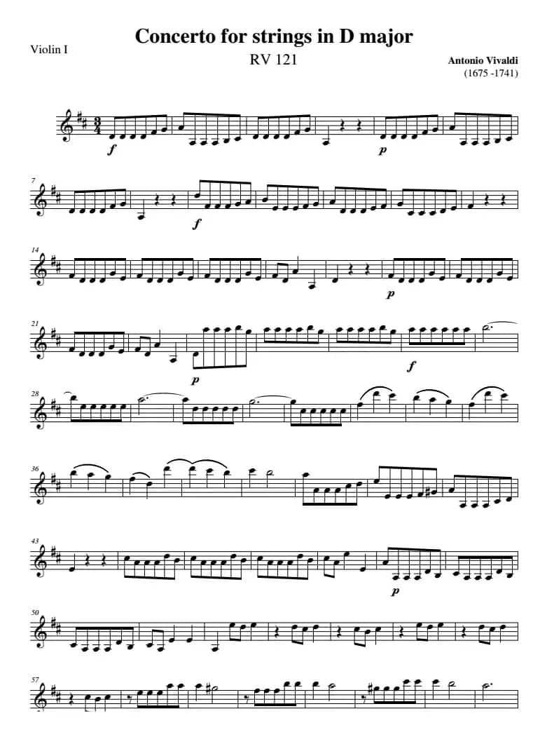 Concerto for strings in D Major（RV121、Violin Ⅰ分谱）