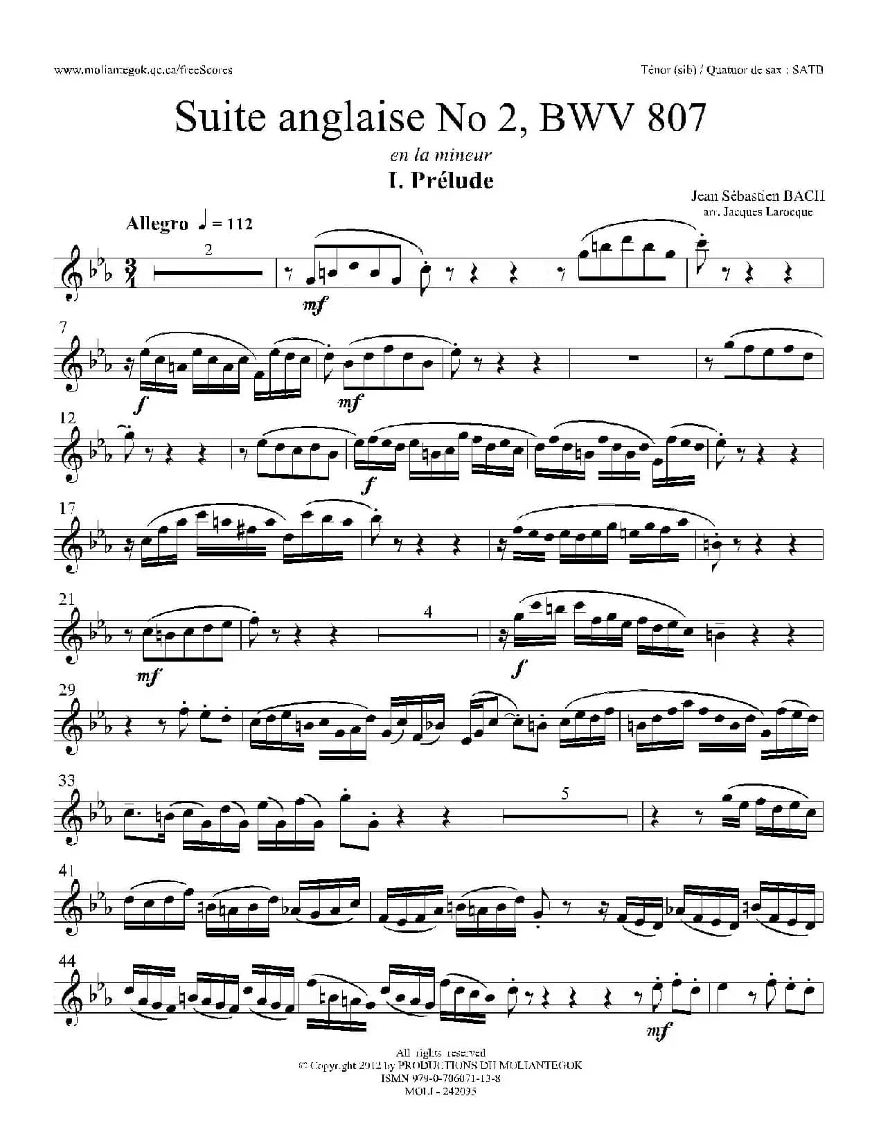 Suite anglaise No 2,BWV 807（法国组曲之二·前奏曲）（次中音萨克斯分谱）