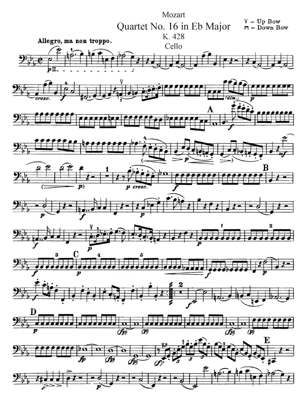 Mozart《Quartet No.16 in Eb Major,K.428》（Cello分谱）