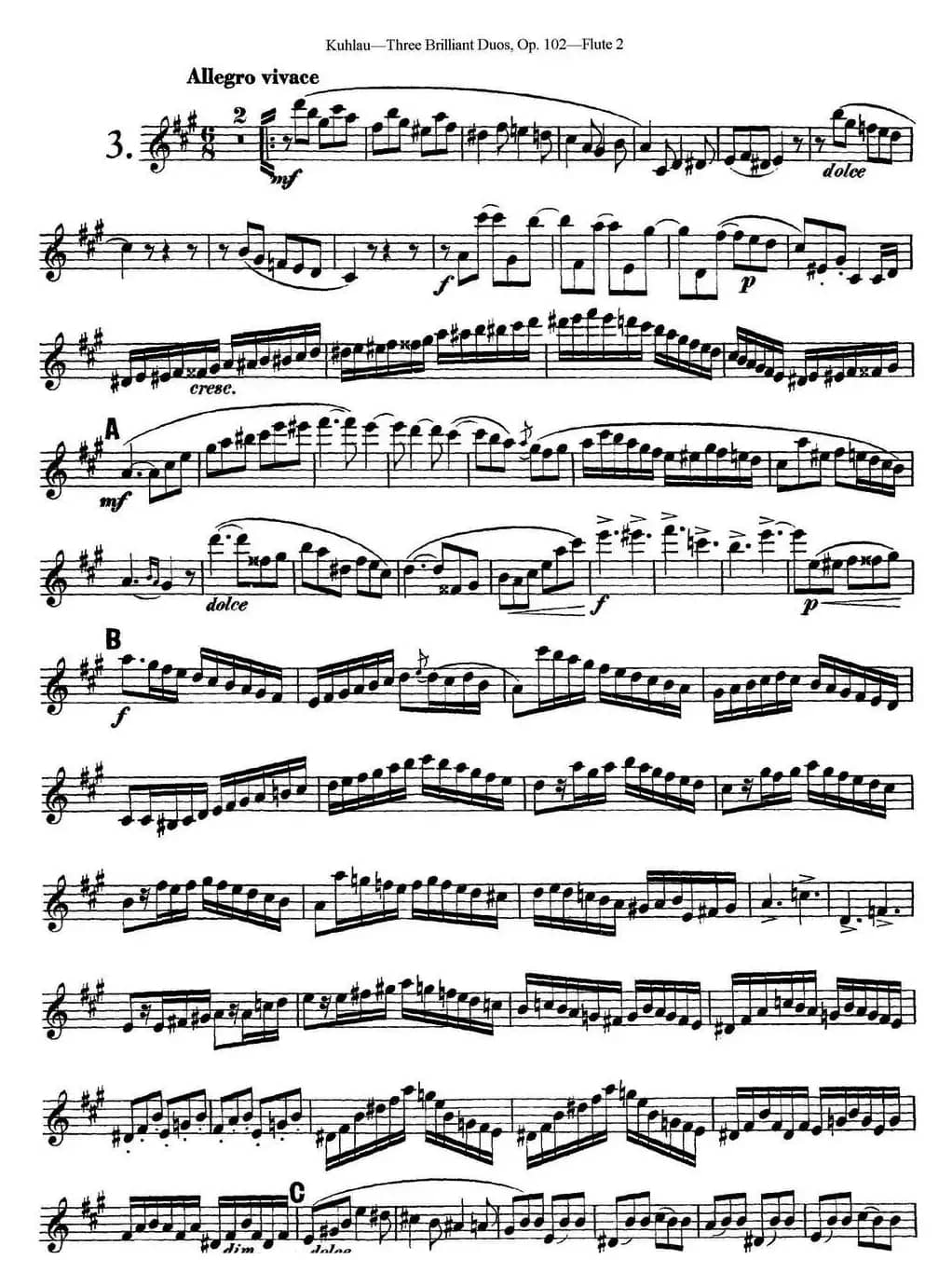 库劳长笛二重奏练习三段OP.102——Flute 2（NO.3）