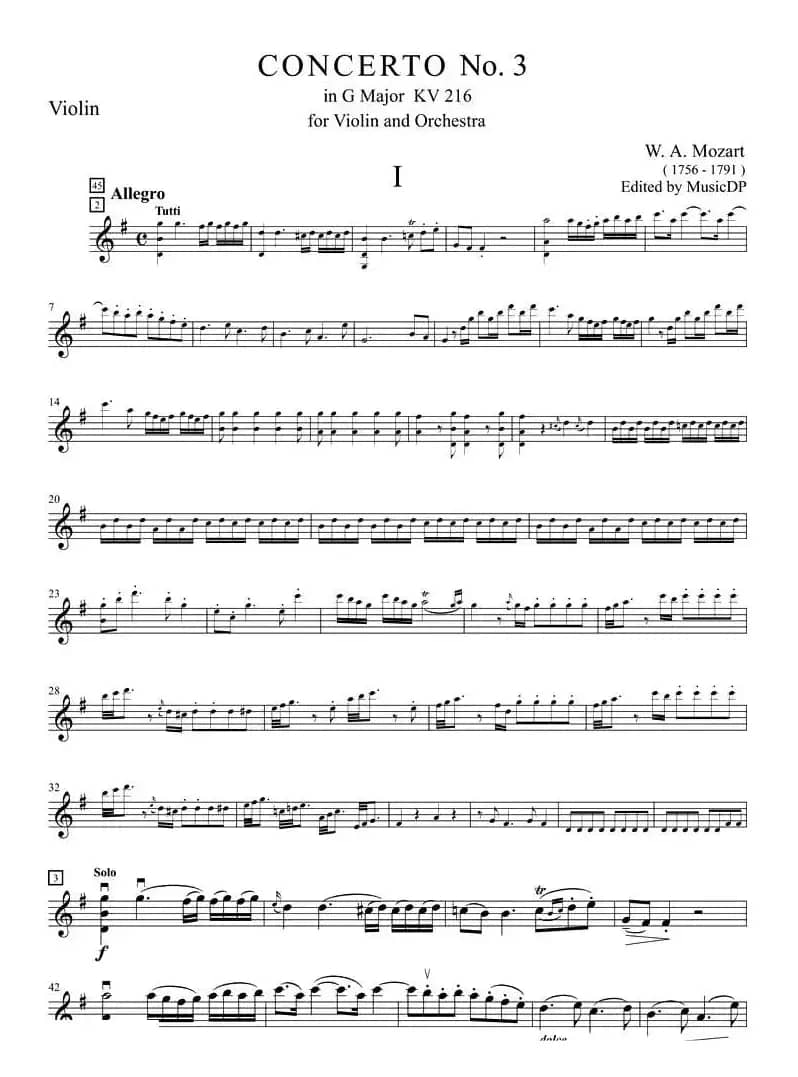 莫扎特第三小提琴协奏曲（第一乐章、小提琴分谱）