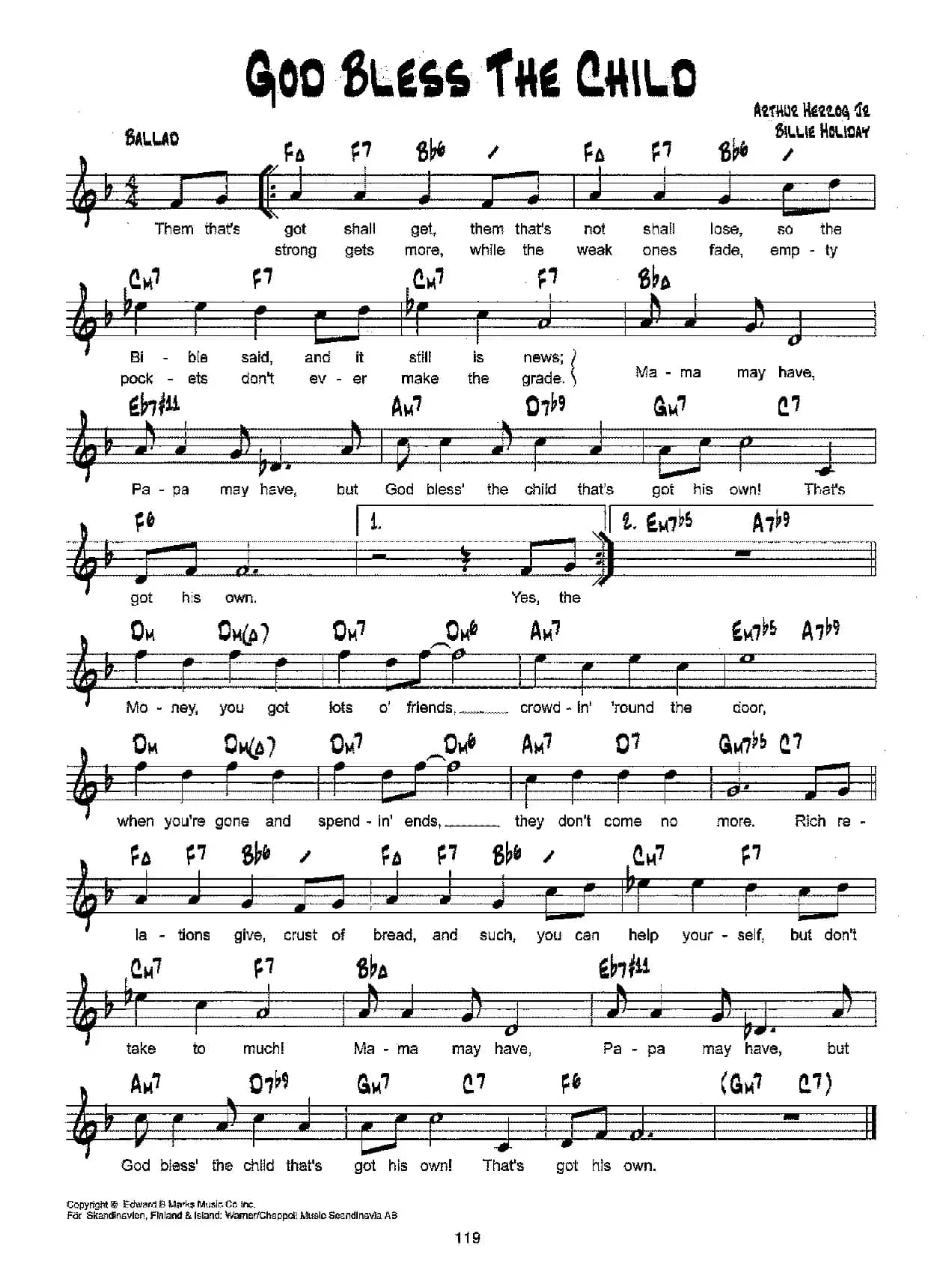 降B爵士乐谱：GOD BLESS THE CHILD