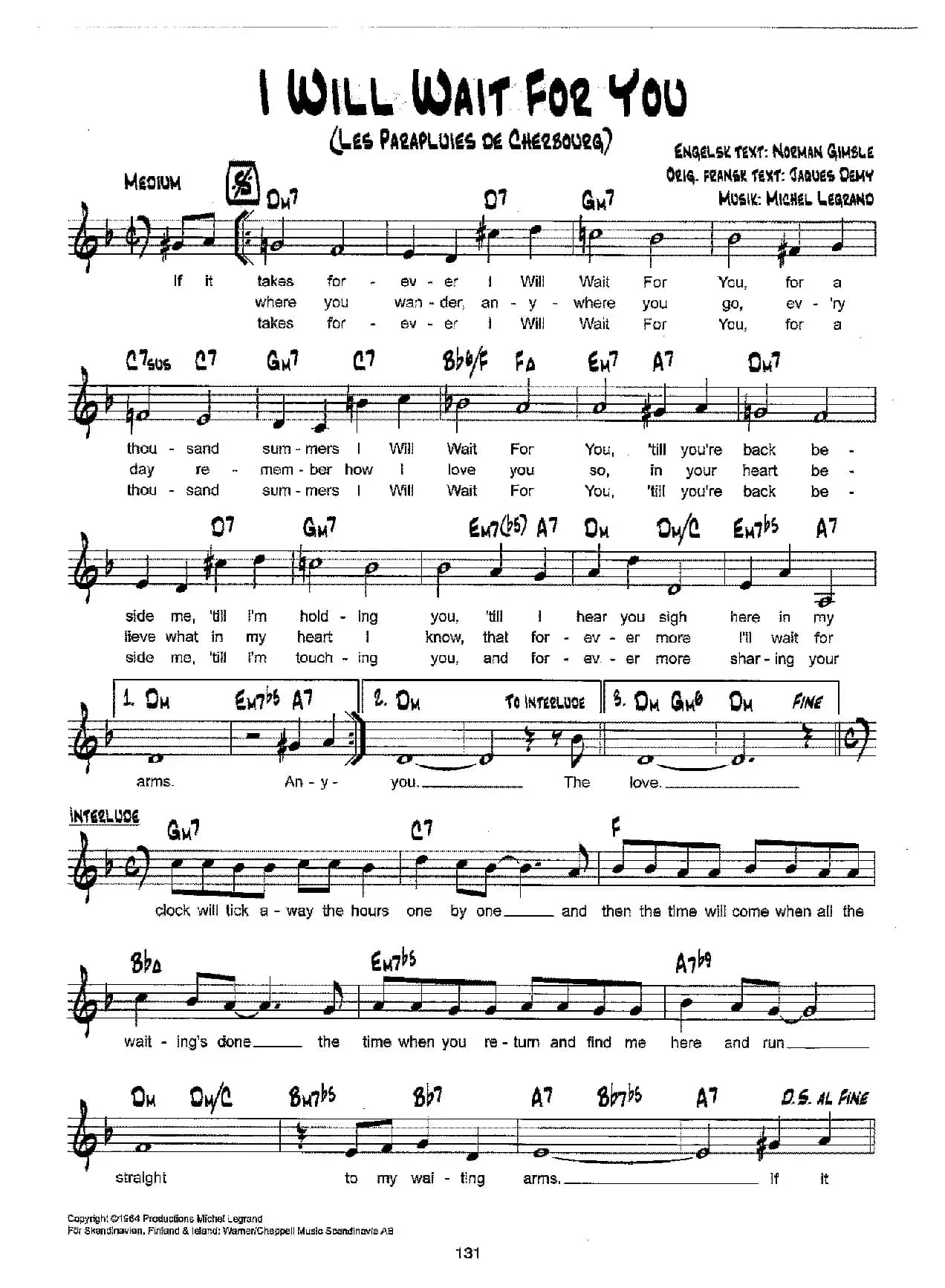 降B爵士乐谱：I WILL WAIT FOR YOU