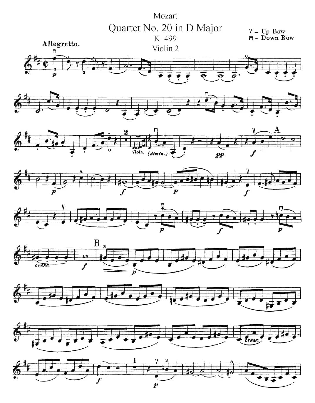 Mozart《Quartet No.20 in D Major,K.499》（Violin 2分谱）