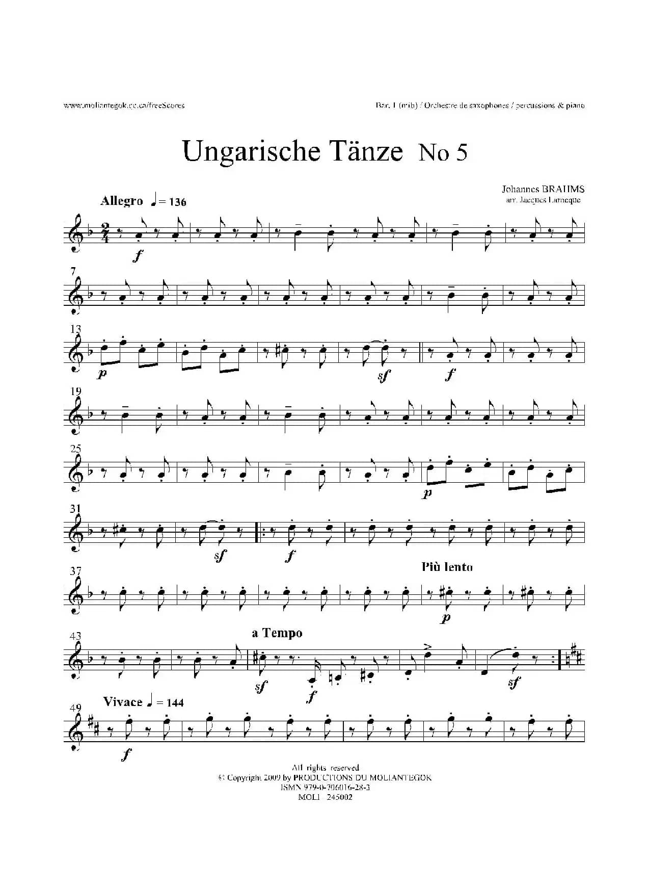 Ungarische Tnze No 5（十五重奏Bar.1-2-3分谱）