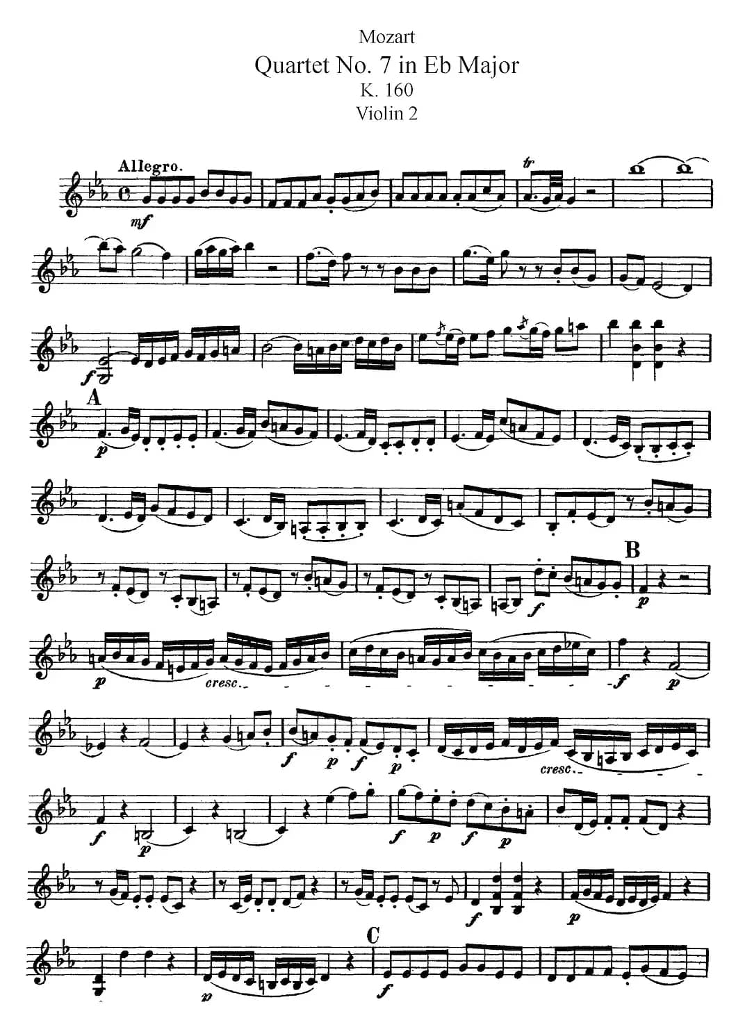 Mozart《Quartet No.7 in Eb Major,K.160》（Violin 2分谱）