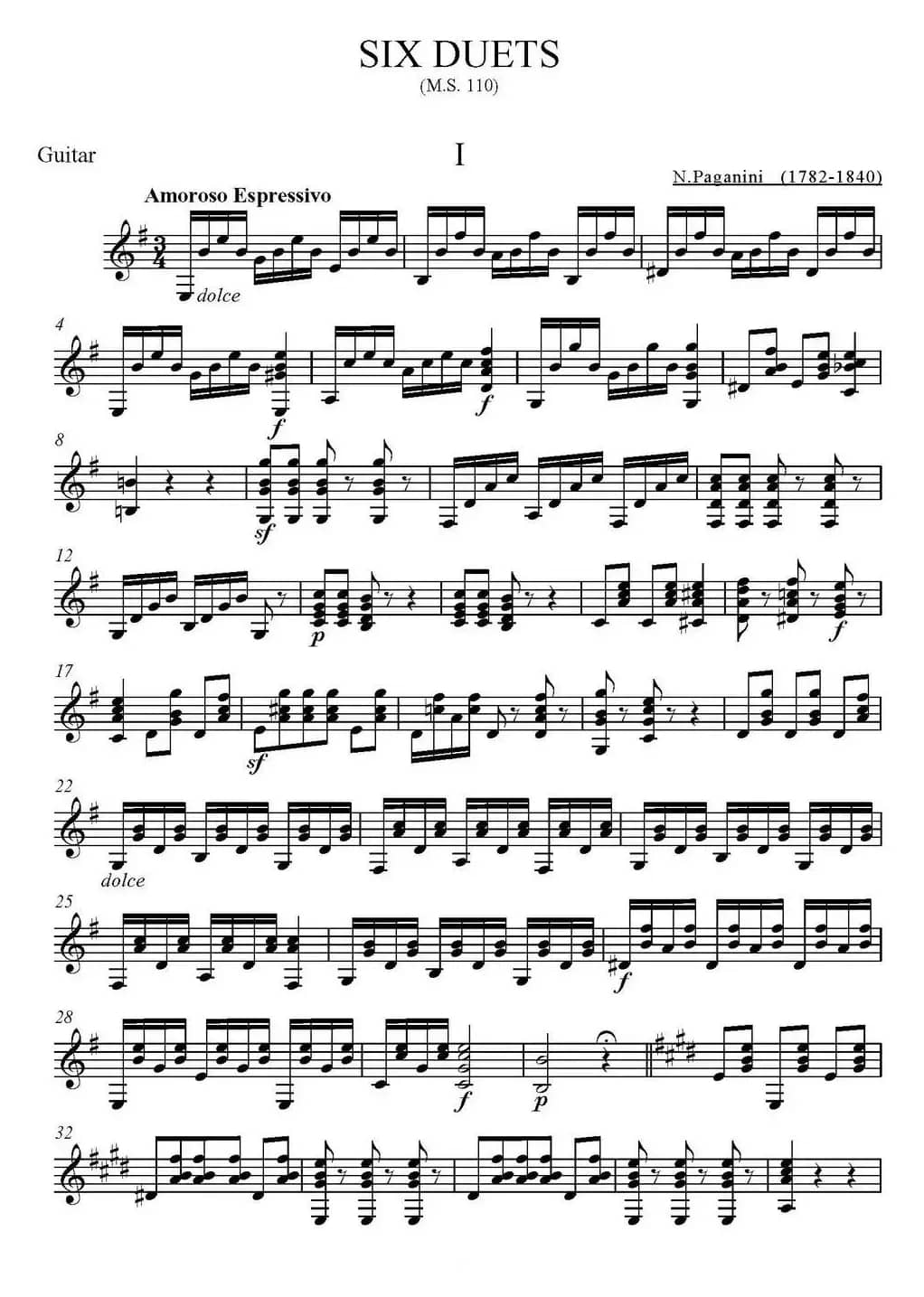 帕格尼尼六首《小提琴和吉他二重奏》 (M.S.110)（吉他分谱）
