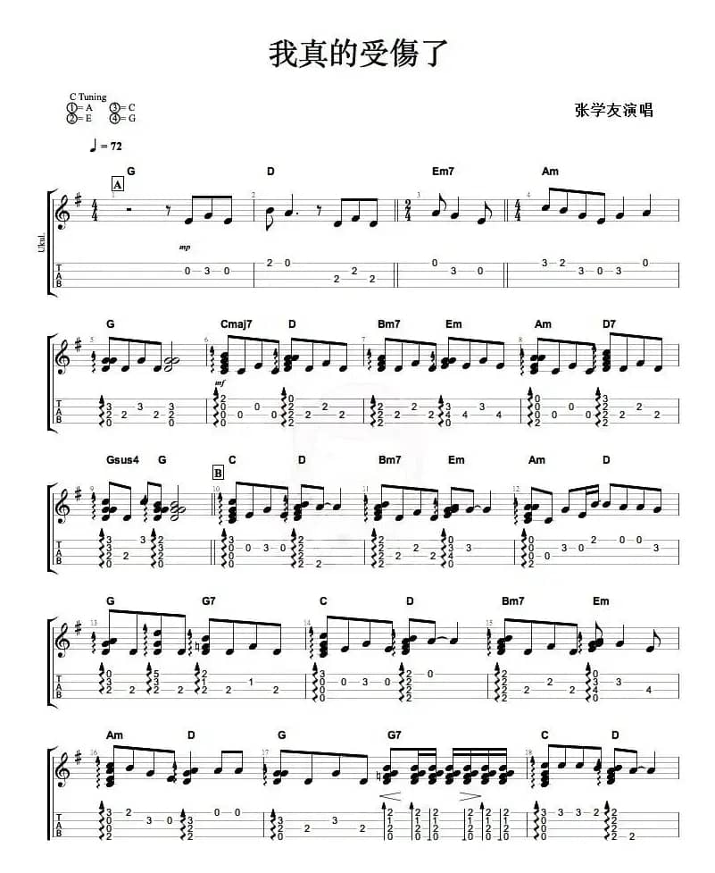 我真的受伤了（尤克里里指弹谱）