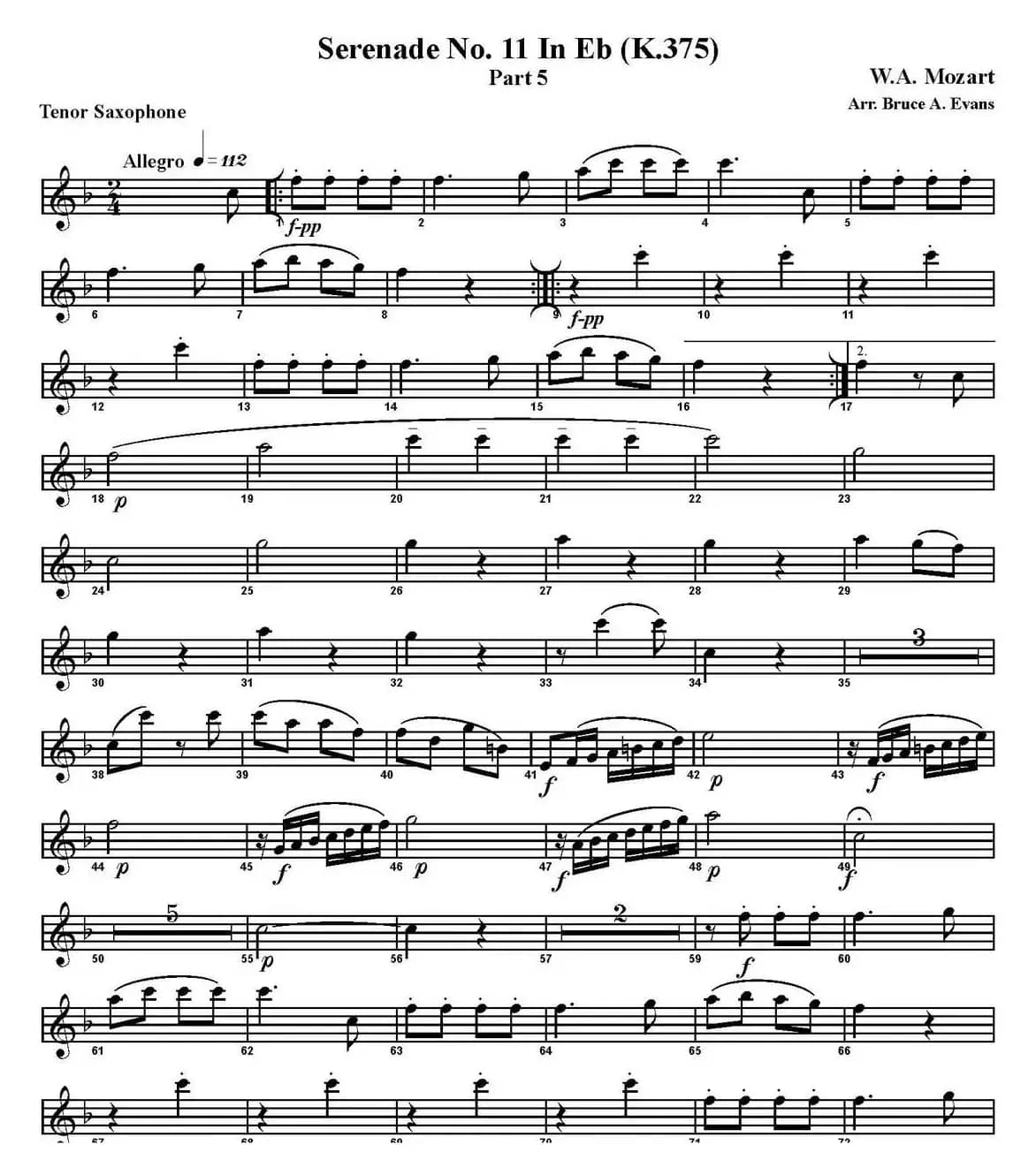 SERENADE No.11 in Eb，K.375 Part 5（四重奏·次中音萨克斯分谱）