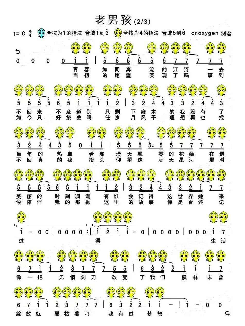 老男孩（六孔陶笛谱）