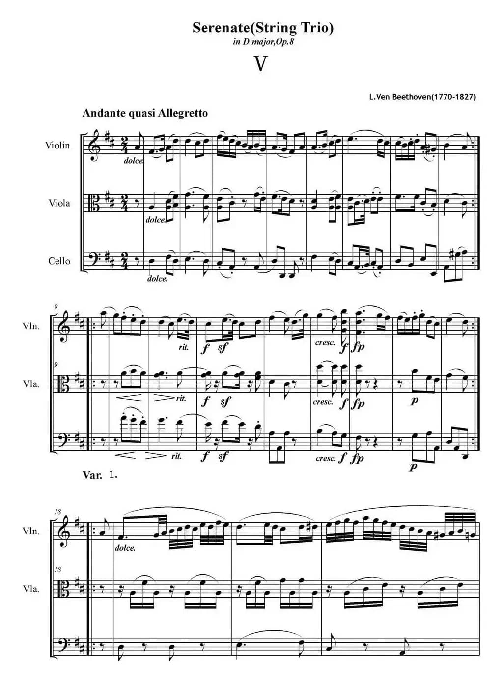 Serenate（String Trio）（D大调弦乐三重奏Op.8,V）