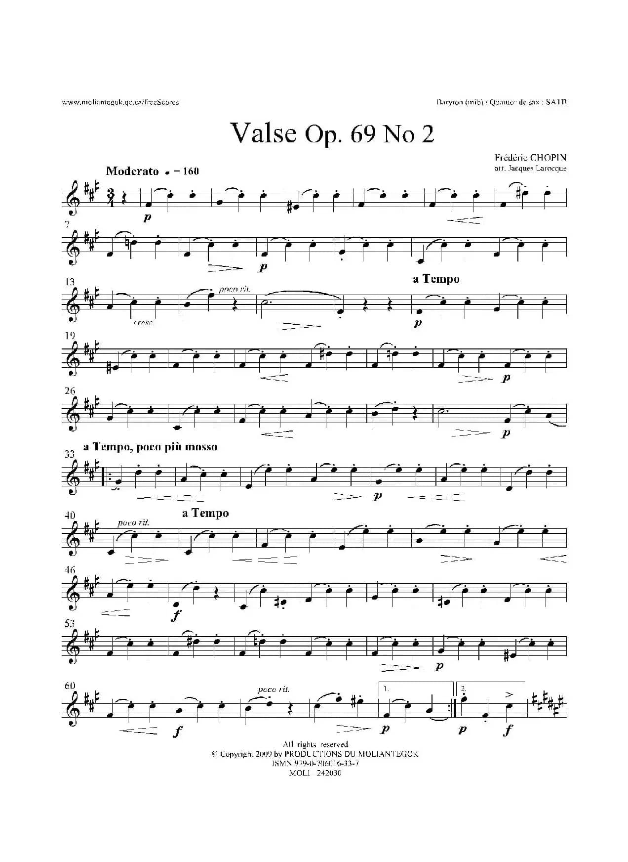 b小调圆舞曲 Op.69 No.2（四重奏上低音萨克斯分谱）