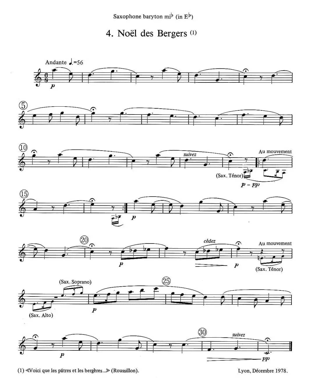 jean Bouvard 编写的6首萨克斯四重奏（低音萨克斯分谱）