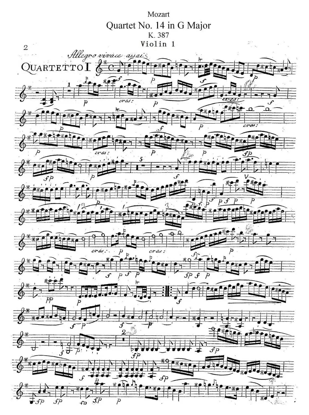 Mozart《Quartet No.14 in G Major,K.387》（Violin 1分谱）