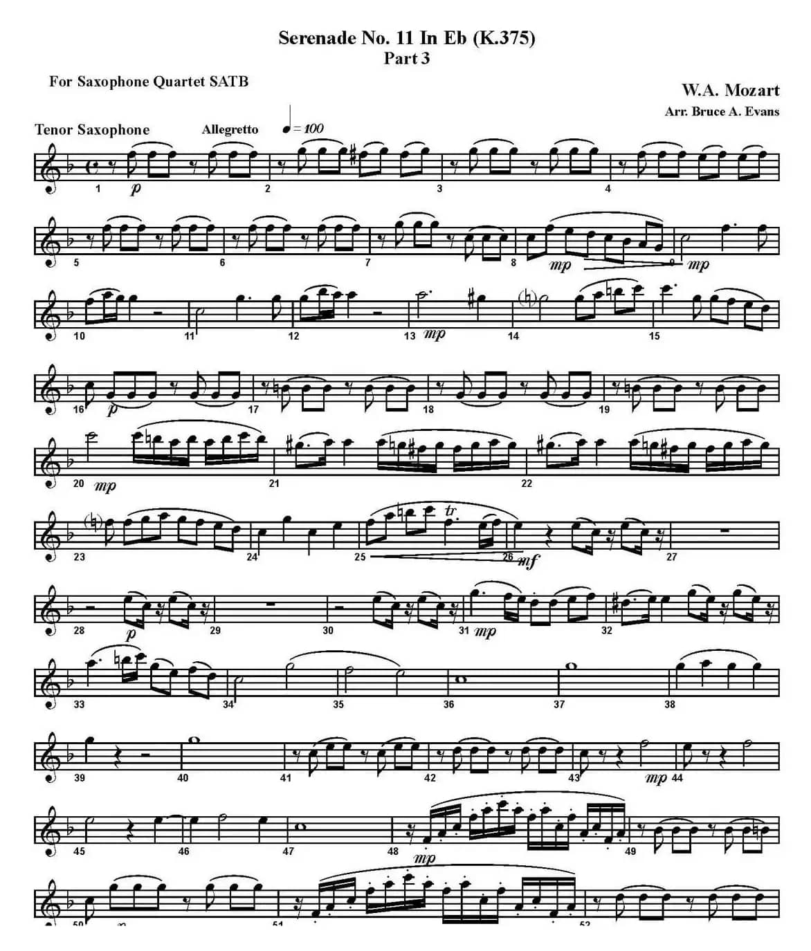 SERENADE No.11 in Eb，K.375 Part 3（四重奏·次中音萨克斯分谱）