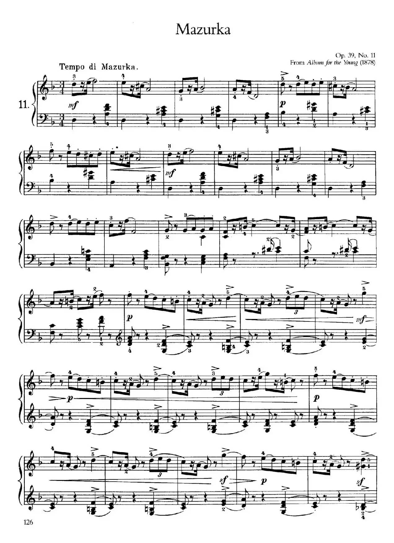 Album for the Young Op.39（儿童钢琴曲集）（11. 玛祖卡 Mazurka）