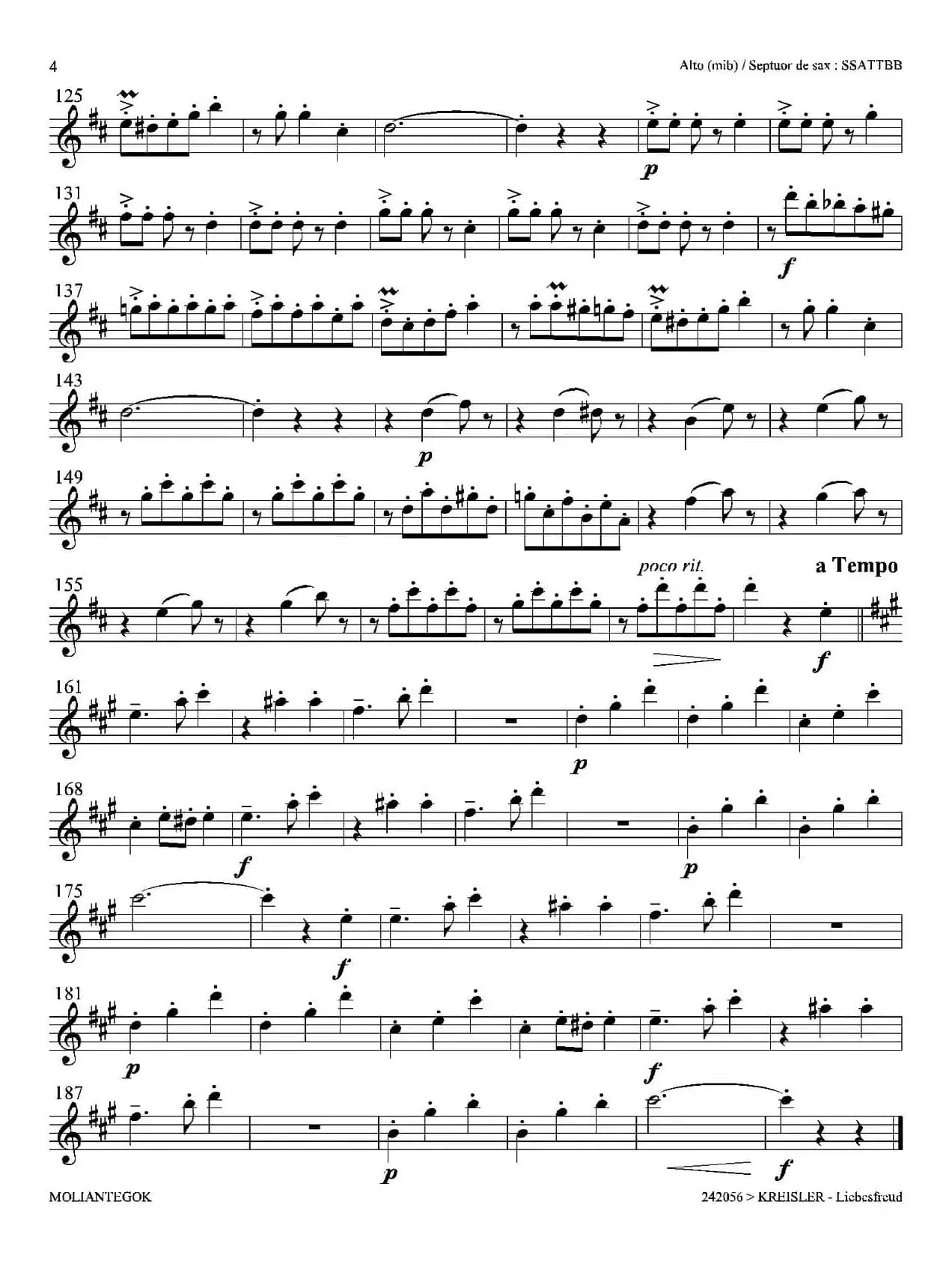 Liebesfreud（四重奏中音萨克斯分谱）