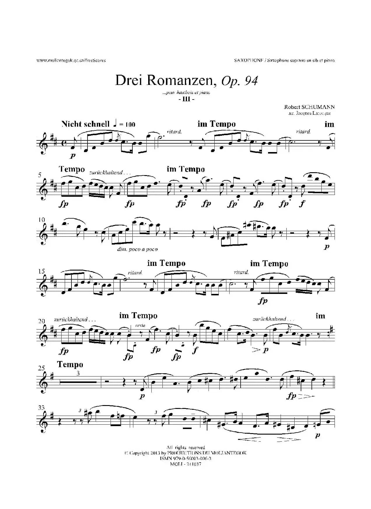 三首浪漫曲 Op.94（高音萨克斯）