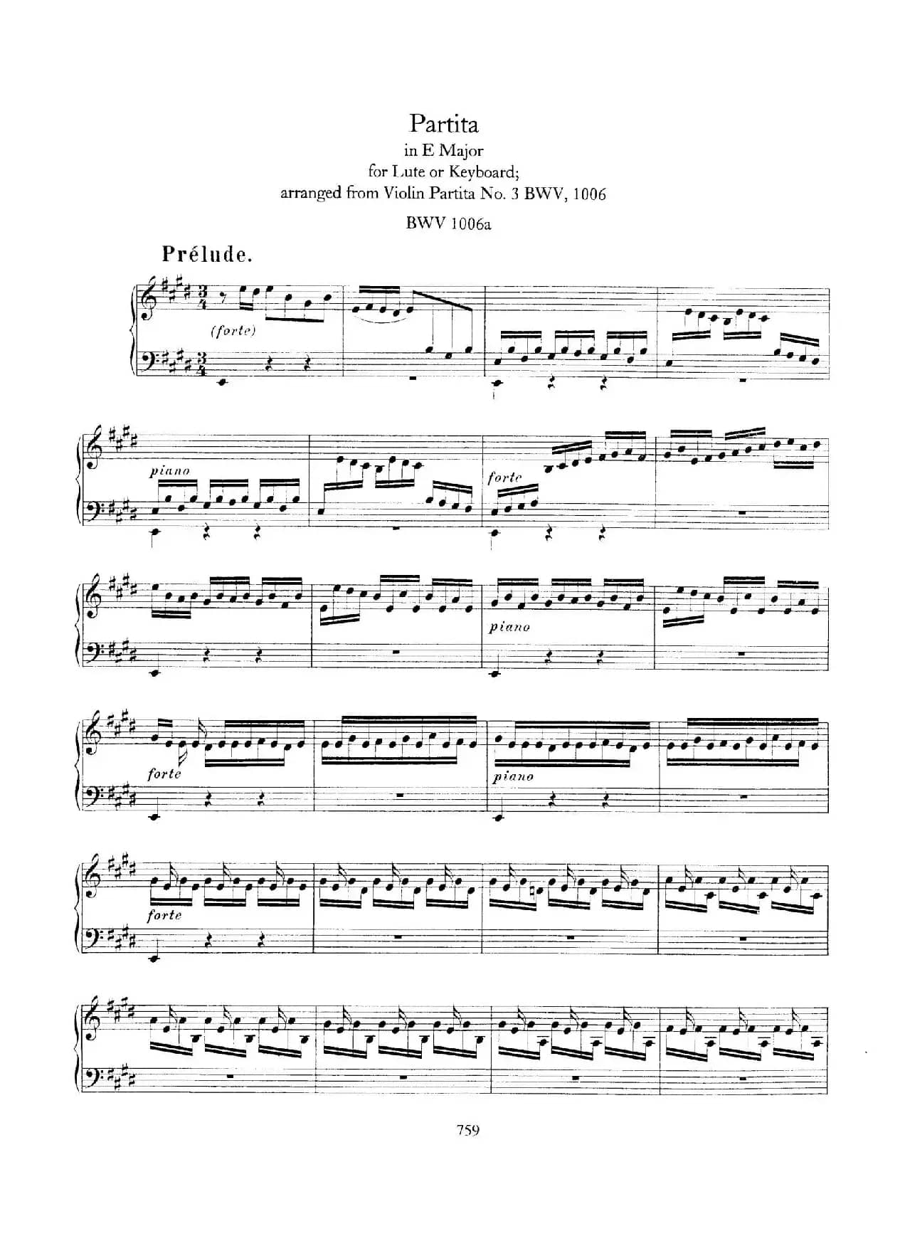 Partita in E Major BWV 1006a（E大调第三无伴奏小提琴组曲·钢琴独奏版）