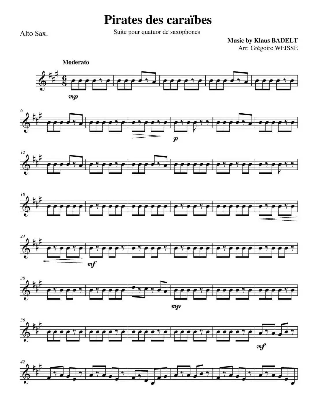 加勒比海盗（四重奏之中音萨克斯分谱）