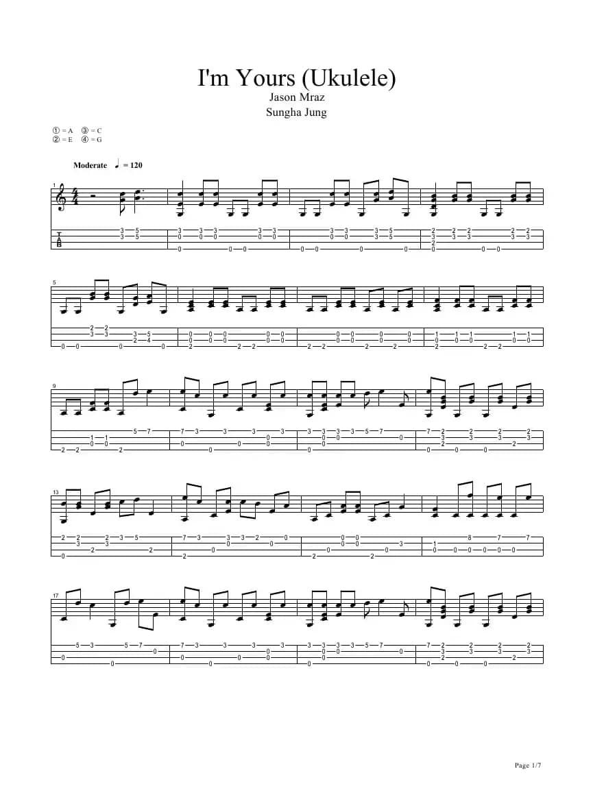 I'm yours（尤克里里指弹谱）
