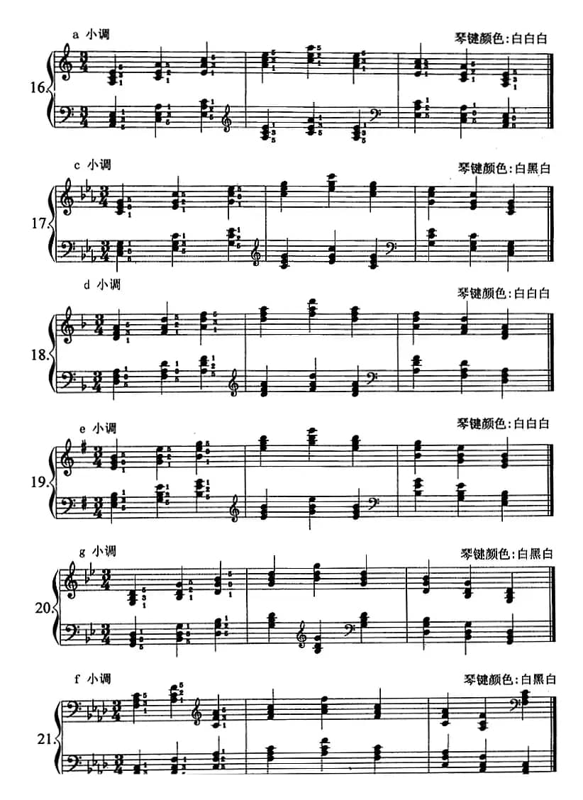 钢琴综合教程：第十六课 七个白键小调音阶 和弦转位 主三和弦琶音及和弦连接（大小调）