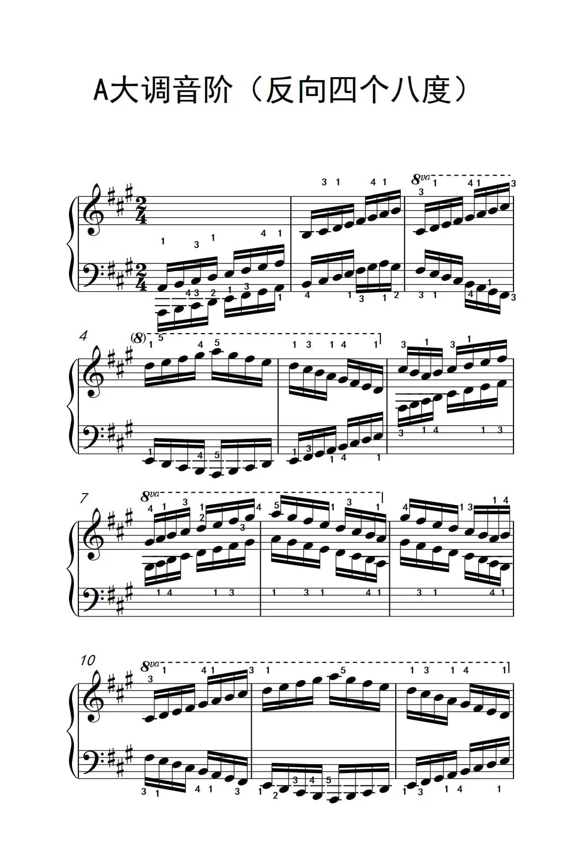 A大调音阶（反向四个八度）（儿童钢琴练习曲）
