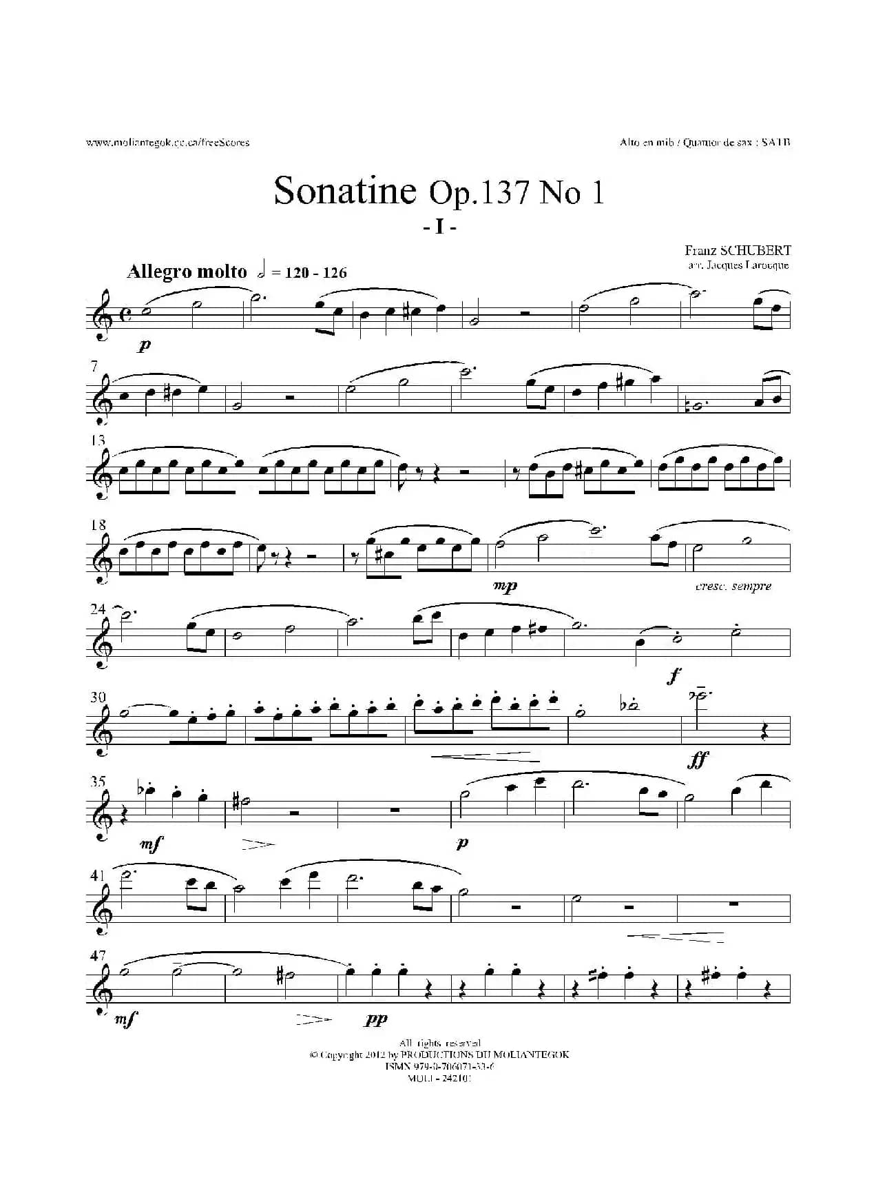 Sonatine Op.137 No 1（四重奏中音萨克斯分谱）