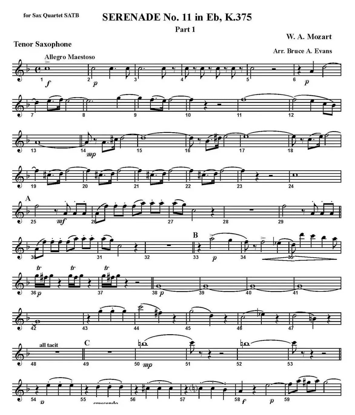 SERENADE No.11 in Eb，K.375 Part 1（四重奏·次中音萨克斯分谱）