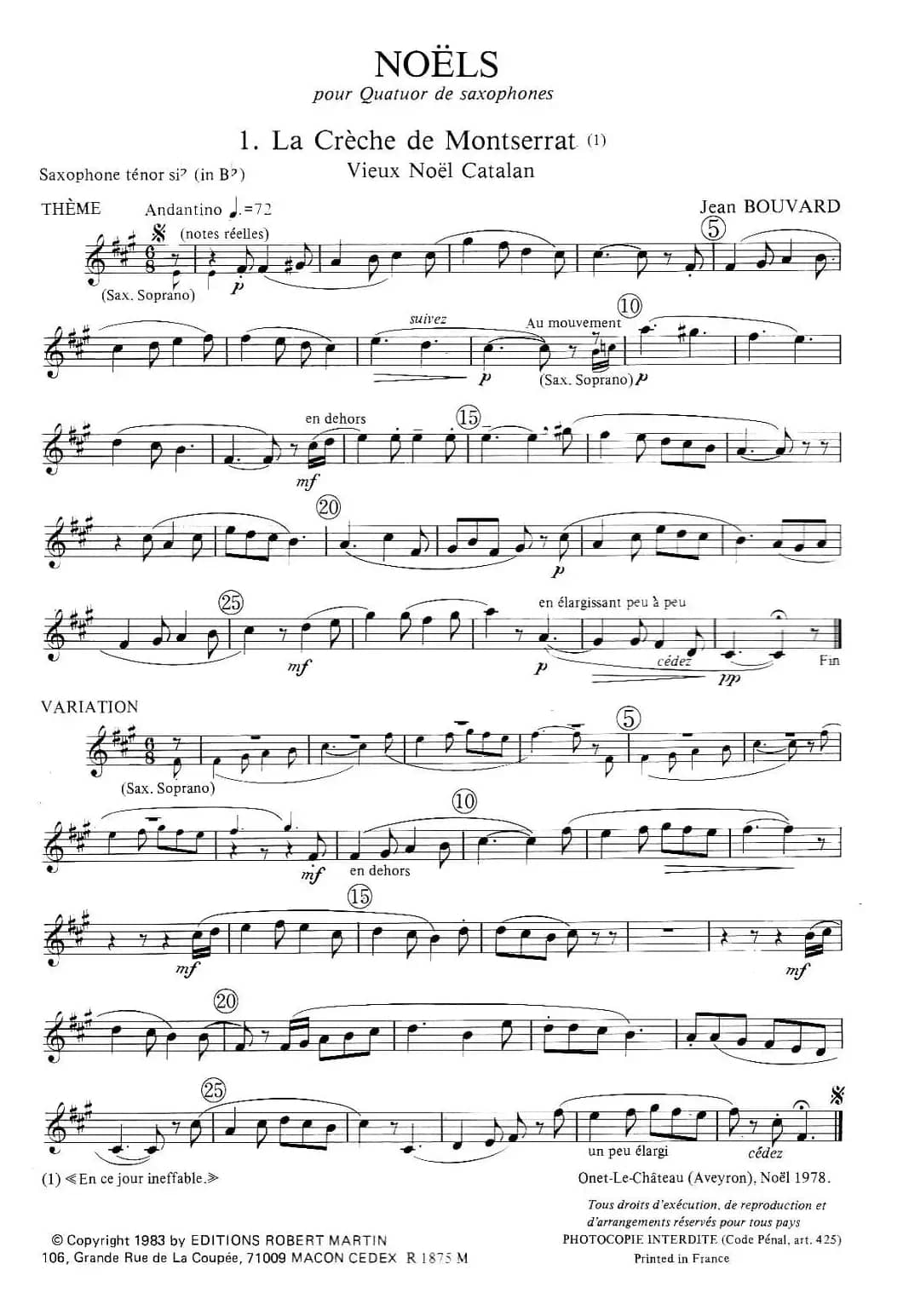 jean Bouvard 编写的6首萨克斯四重奏（次中音萨克斯分谱）