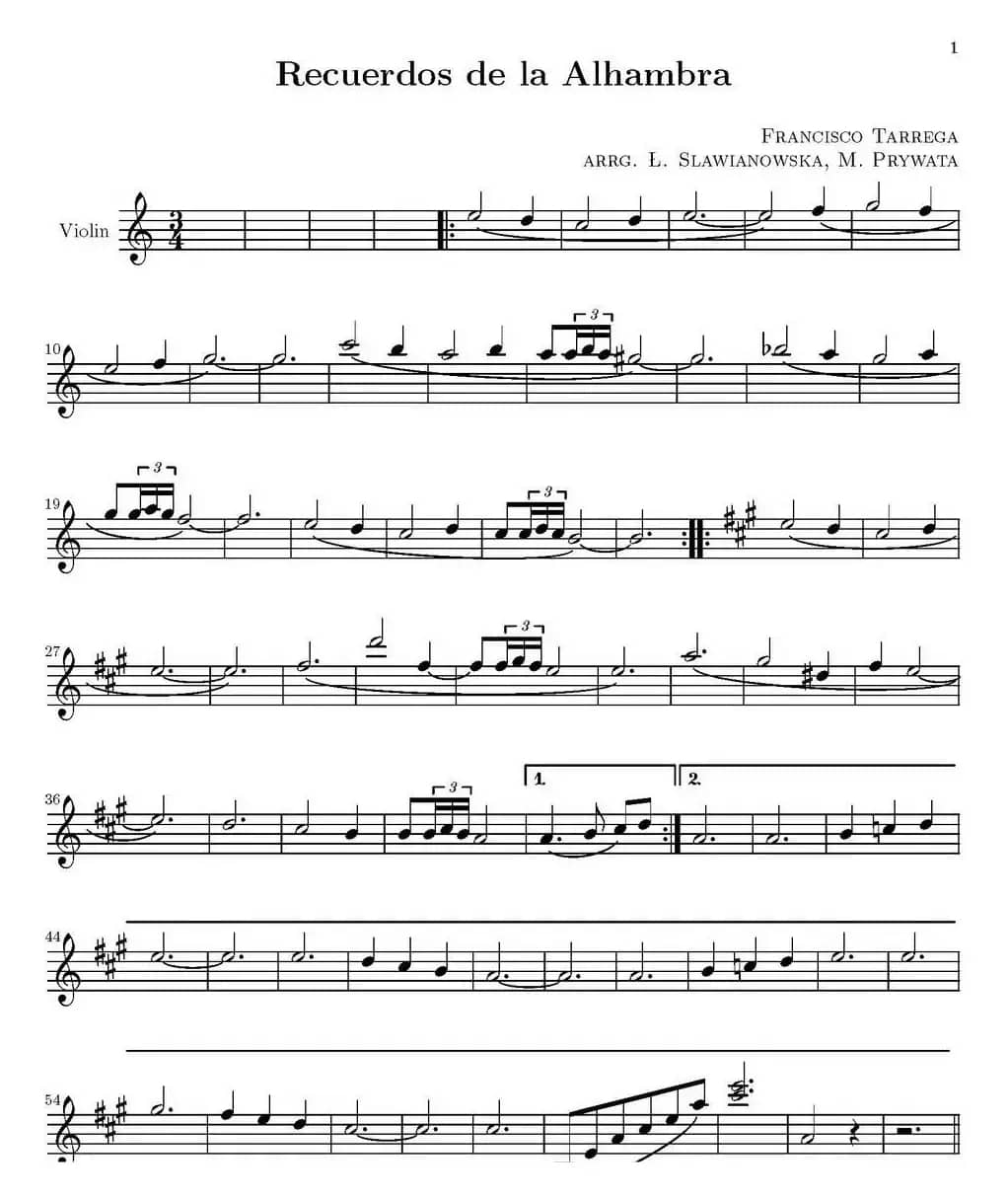Recuerdos de la Alhambra（阿尔罕布拉的回忆、小提琴分谱）
