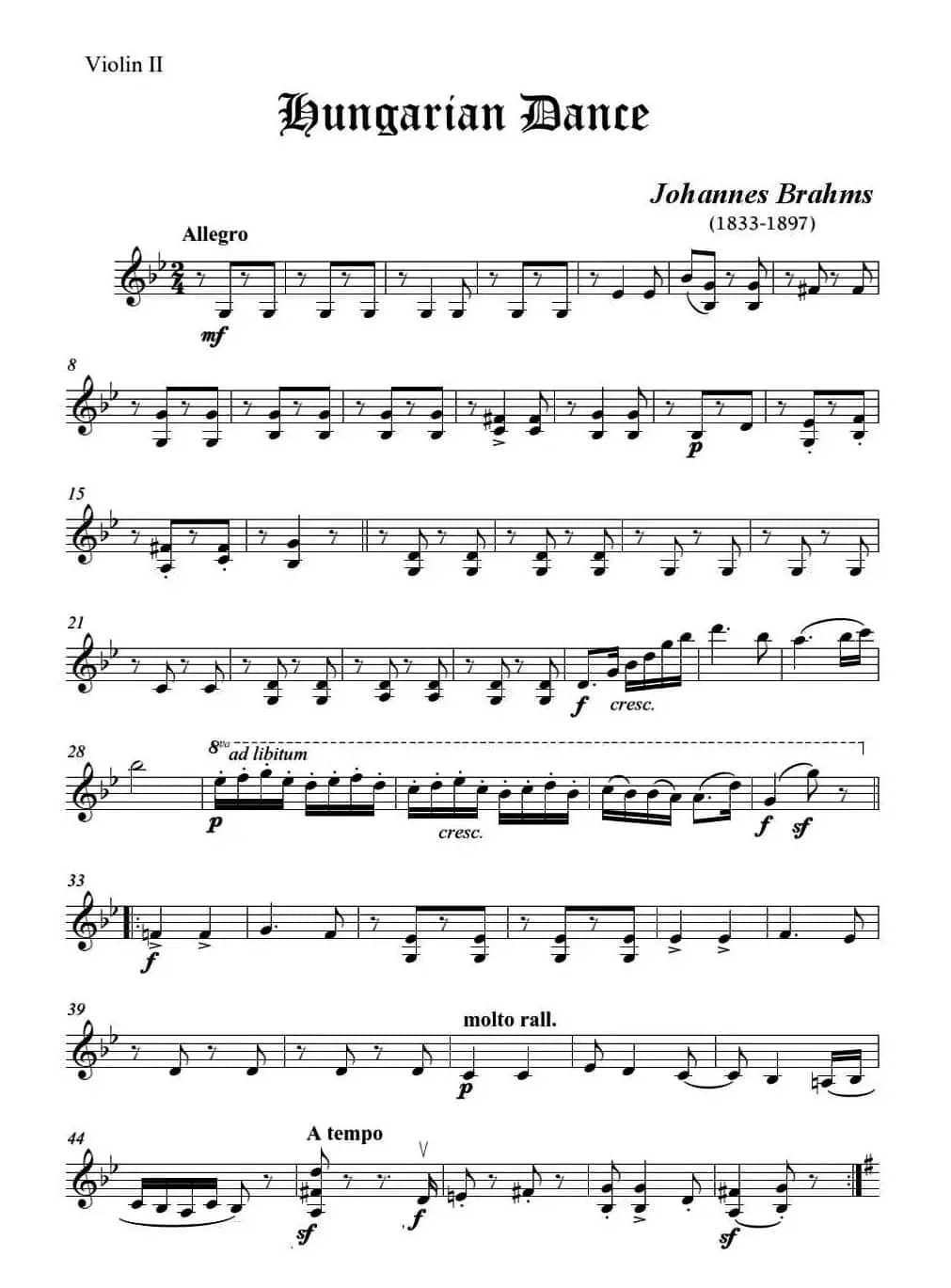 匈牙利舞曲（弦乐四重奏第二小提琴分谱）