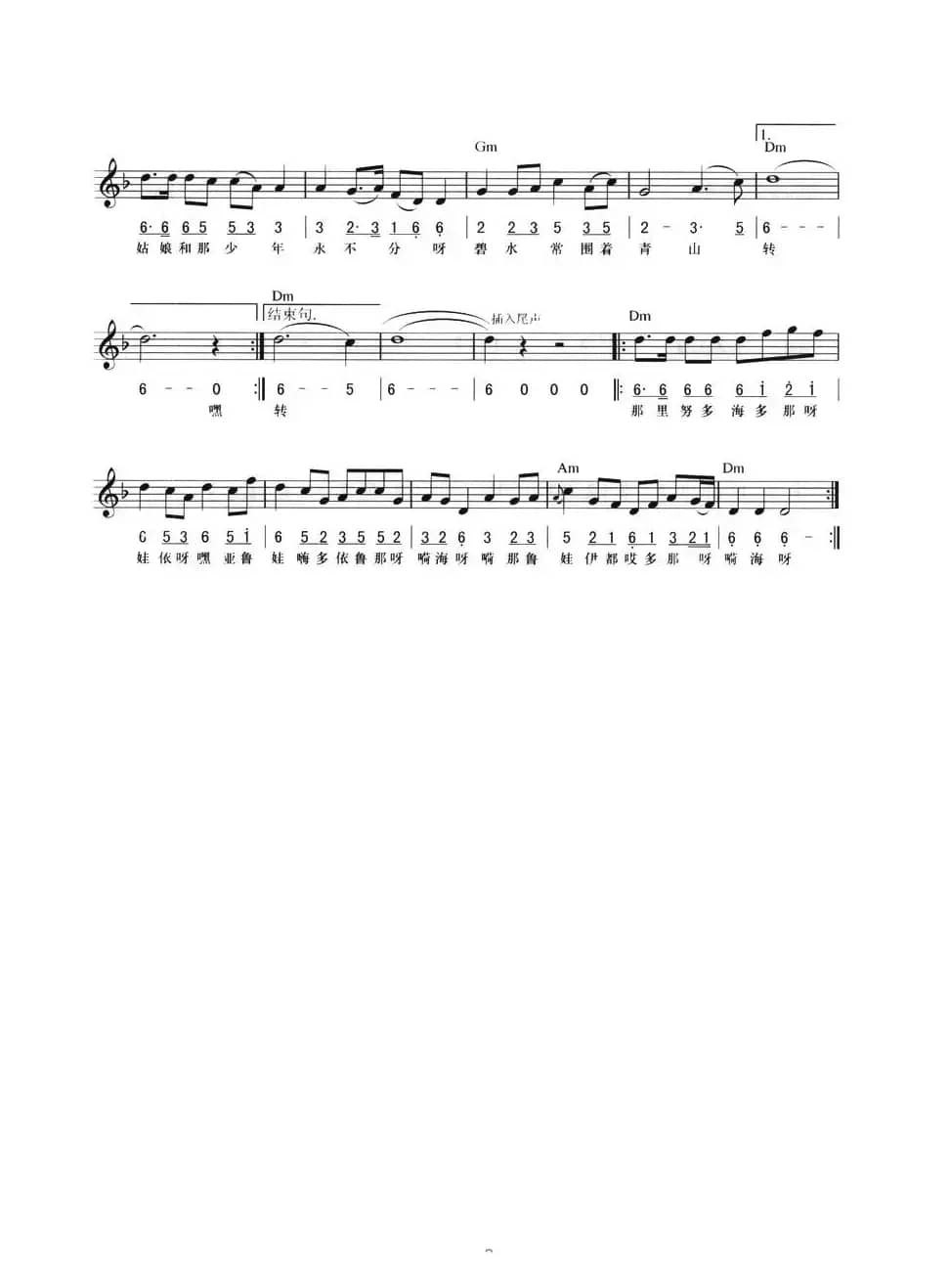 阳里山的姑娘（线简混排弹唱谱）