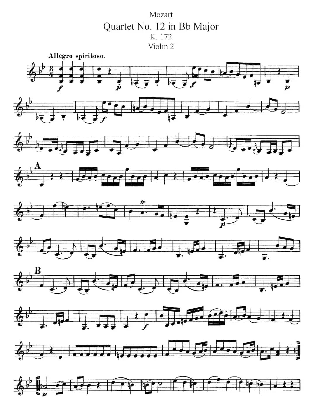 Mozart《Quartet No.12 in Bb Major,K.172》（Violin 2分谱）