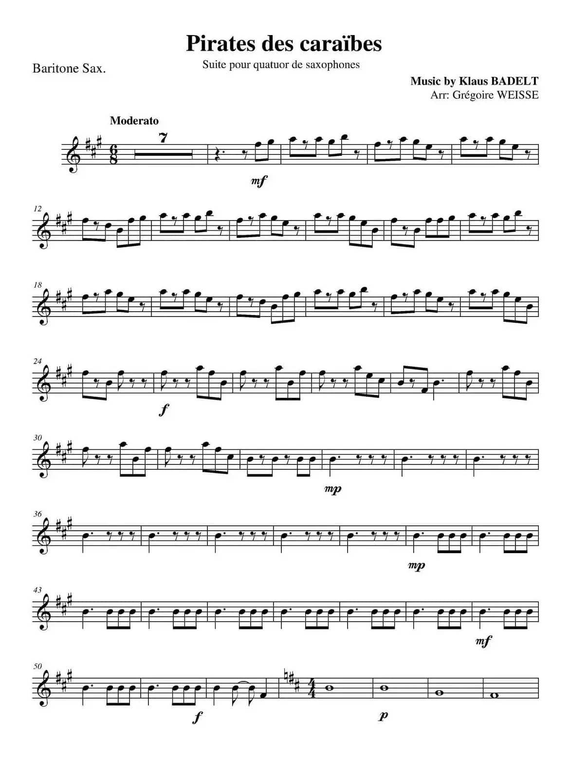 加勒比海盗（四重奏之上低音萨克斯分谱）