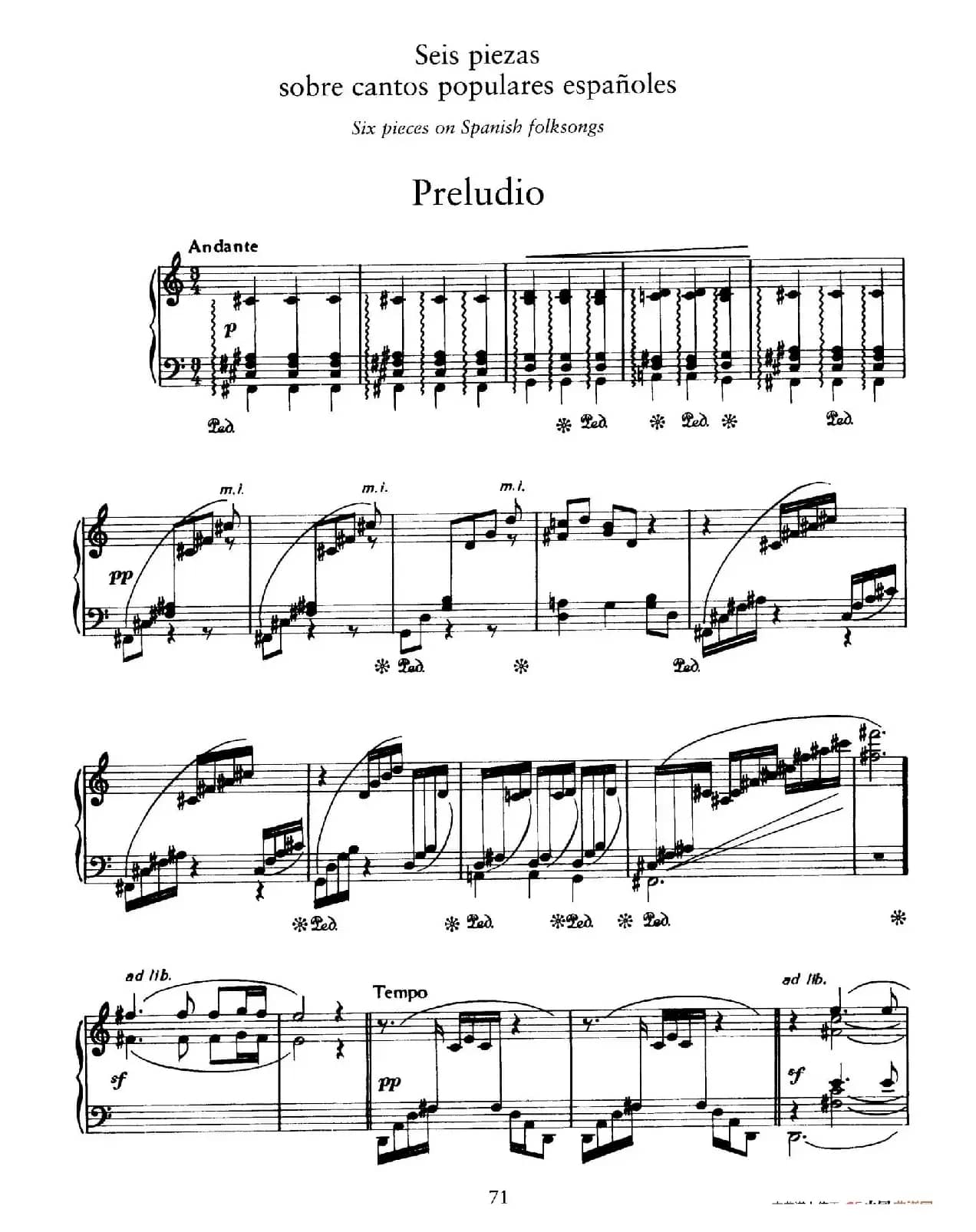Six Pieces on Spanish Folksongs H.125（6首西班牙民谣小品·1. 前奏曲 Preludio）