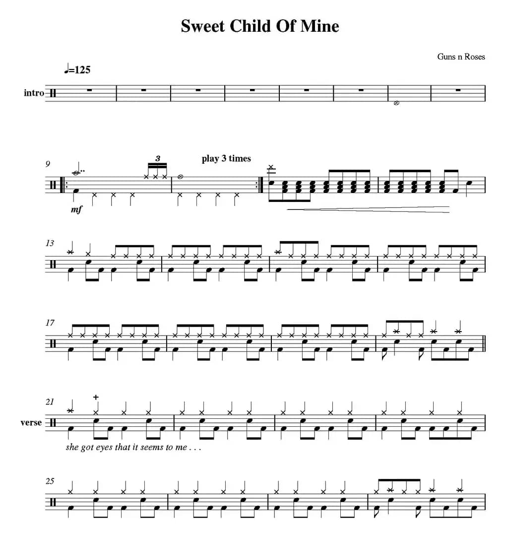 爵士鼓谱：Guns n' Roses - Sweet child of mine