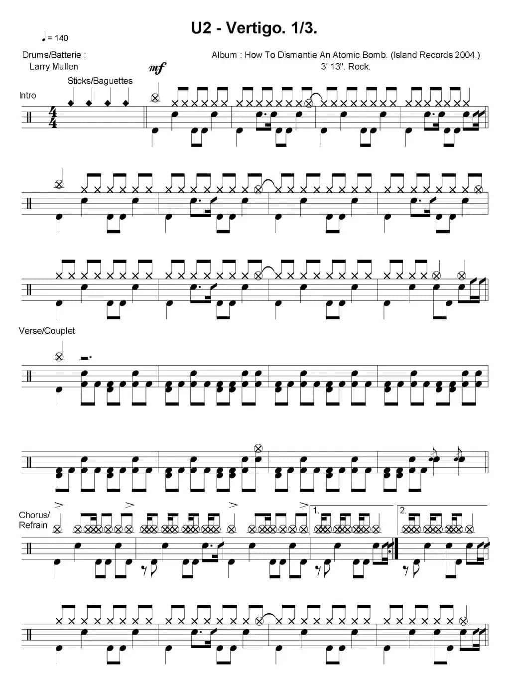 爵士鼓谱：U2 - Vertigo