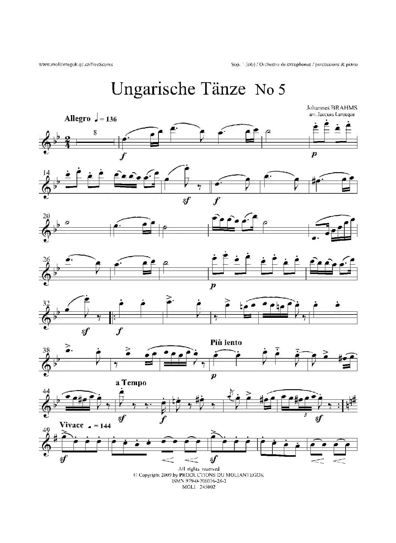 Ungarische Tnze No 5（十五重奏Sop.1-2​分谱）