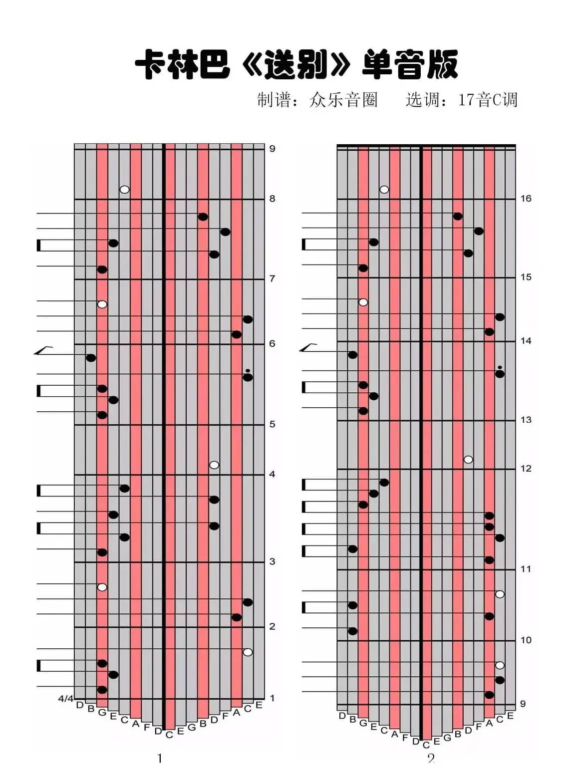 送别单音版（拇指琴卡林巴琴演奏谱）