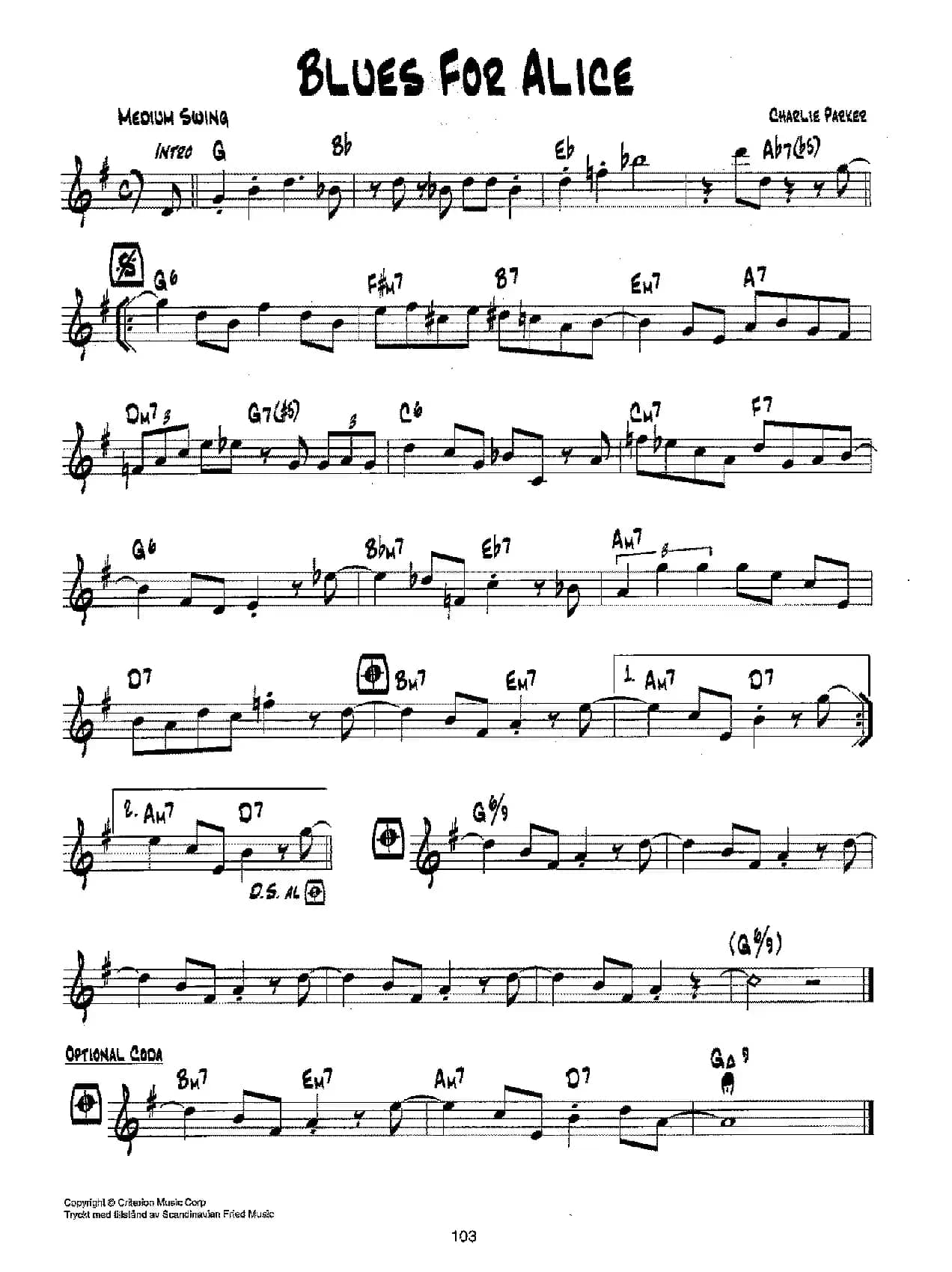 降B爵士乐谱：BLUES FOR ALICE