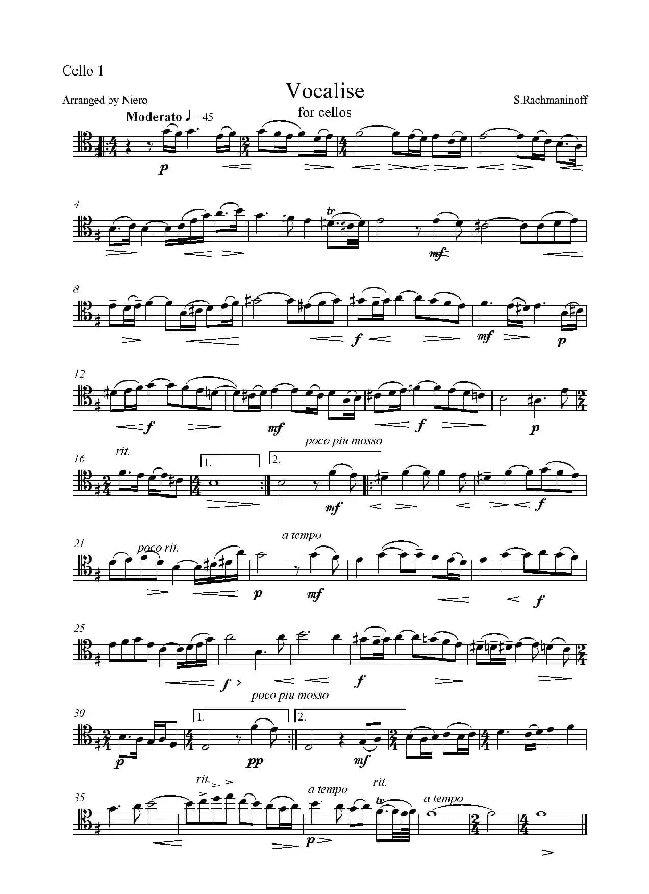 vocalise（练声曲）（五重奏第一大提琴分谱）